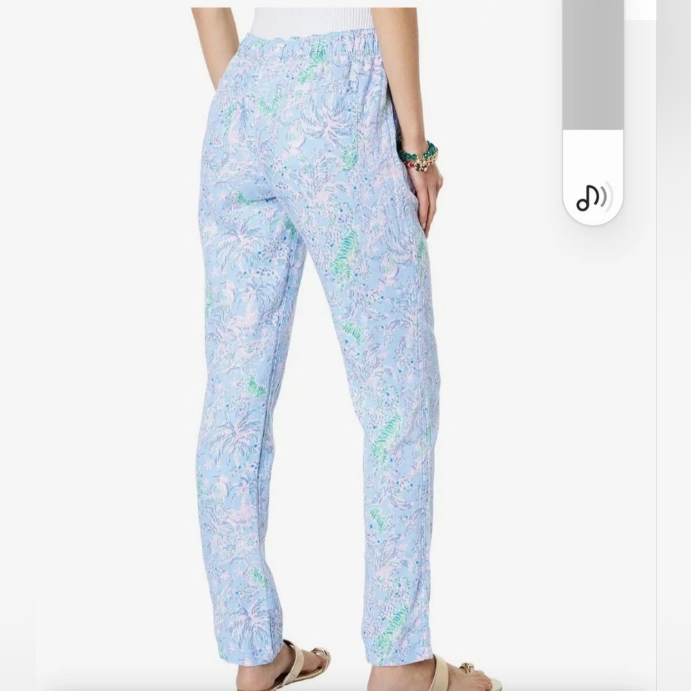 Lilly Pulitzer 100% Linen Floral Trouser Blue Peri Turtle Package Pants - Picture 9 of 12
